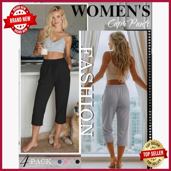 4 Pack Wide Leg Yoga Capri Sweatpants Drawstring Lounge Pants with Pockets - Picture 3 of 7